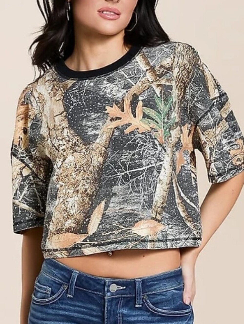 Buckle Women's Camouflage Crop Top - Black, Brown, Tan With Bling